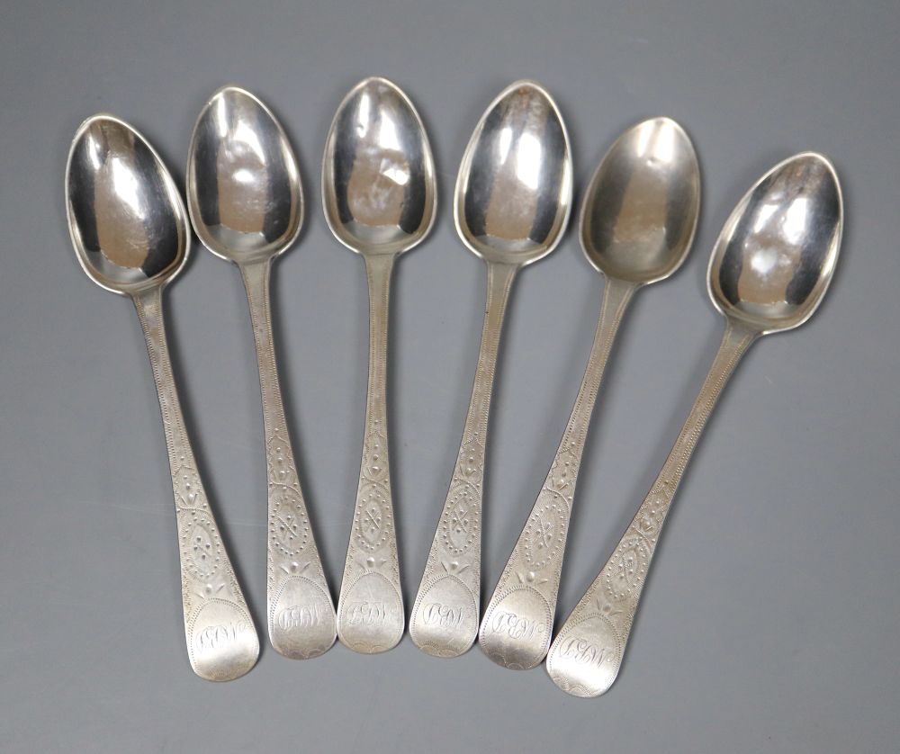 Channel Isles- A set of six late 19th/early 20th century Jersey engraved silver teaspoons, by Jacques Quesnal, 13.6cm,